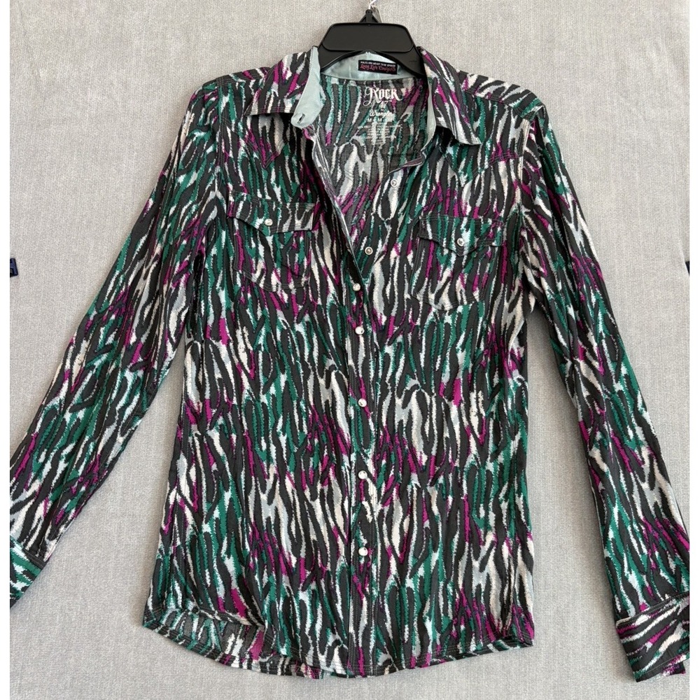 Wrangler Rock 47 Pearl Snap Shirt women's Medium Green Western Cowgirl